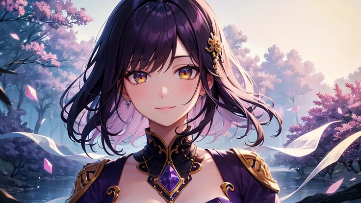 Highest quality, 8k, 4K, High resolution, High Contrast,1girl,only,Beautiful dark purple hair,(Beautifully detailed face), Yellow clear eyes, beautiful eyes, A gentle expression of love, smile, Moderate bust, ２０generation, Wearing an amethyst, Deep purple ...