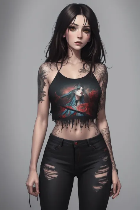 Aesthetic, horror Devil dark painterly style, modern ink, girl sexy Sensual lunna + Sakura feiticeira red Neon lux jeans short tshirts cat tattoo, expressive pose, urbanpunk, multi-layered perfect texture background, neo-expressionist, Russ Mills, Ian Mill...