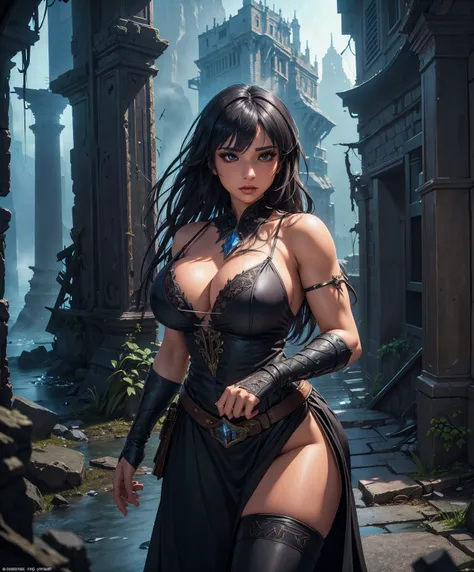 score_9, score_8_up, score_8,  (((Single character image.))) (((1girl))) (((Solo))) (((Dressed in medieval fantasy attire.)))   (((She wears medieval fantasy attire.))) Generate an attractive, sexy female adventurer for a fantasy setting.    Behind her is ...