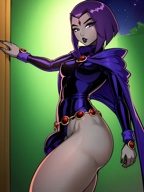 (solo:1.1),(masterpiece), (best quality:1.3), ultra detailed, intricate, professional art, digital art, absurdres, shadraven, (Full body view:1.1), 1girl, solo, (grey skin:1.4), dark purple hair, bob hair, purple eyes, hips wider than shoulders, pear shape...