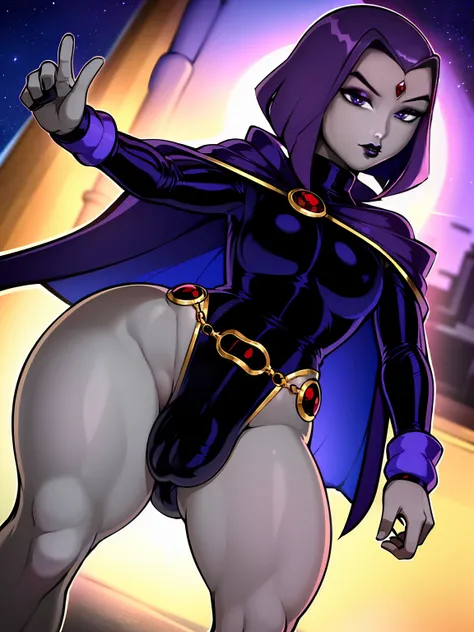 (solo:1.1),(masterpiece), (best quality:1.3), ultra detailed, intricate, professional art, digital art, absurdres, shadraven, (Full body view:1.1), 1girl, solo, (grey skin:1.4), dark purple hair, bob hair, purple eyes, hips wider than shoulders, pear shape...