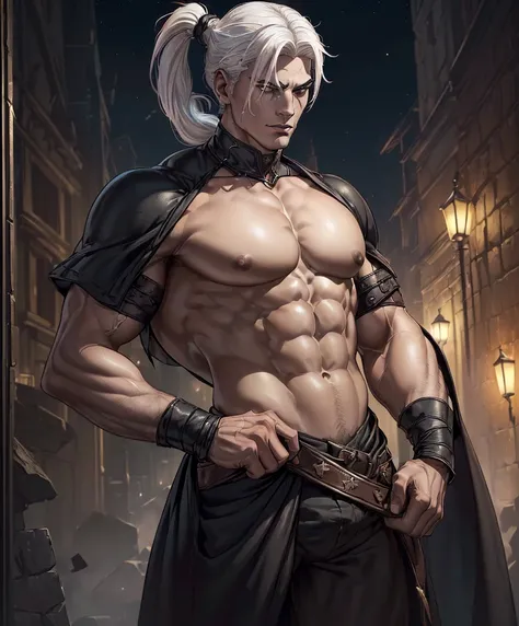 score_9, score_8_up, score_8,  (((Single character image.))) (((1boy))) (((Dressed in medieval fantasy attire.)))   (((This male character is sexy and virile.))) Generate a sinister male character for a dark fantasy setting. (((Powerful, muscular body.  sc...