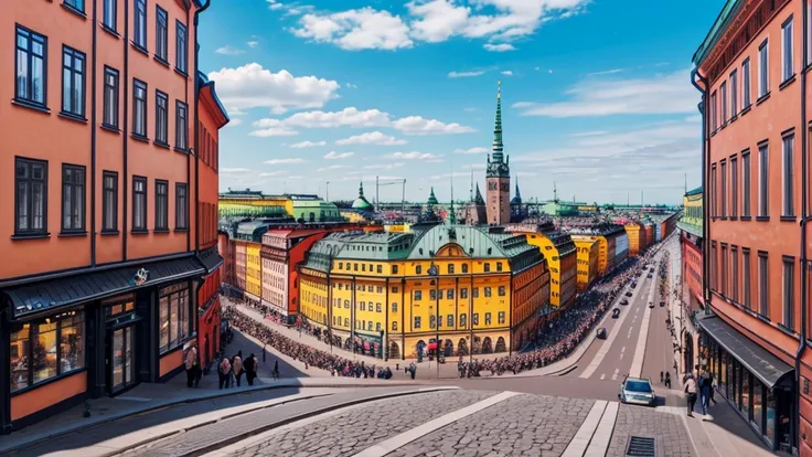 illustration of stockholm as seen from street level. Camera View should be in the middle of the city from a sidewalk.