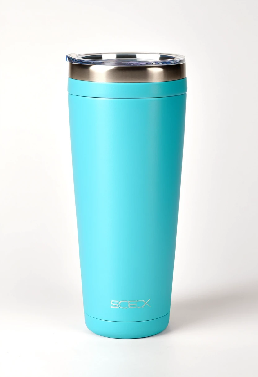 Create a photorealistic image of a premium insulated tumbler. Main subject: Sleek, modern insulated tumbler Slim cylindrical shape, slightly tapered towards the top Height: approximately 8 inches (20 cm) Capacity: 500ml Material: 18/8 stainless steel with ...