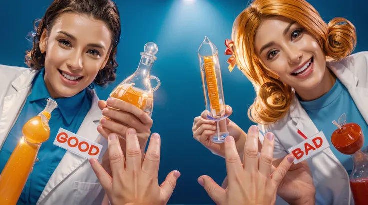 This image features a cartoon of two doctors, a boy and a girl, holding a syringe filled with a red liquid labeled "DOD" and a vial of yellow liquid labeled "DOD" in their hands. They are smiling and appear to be in a playful mood, smooth 3d model, glossy ...