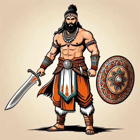 viking fighter in indian folk outfit, vector graphics, strong contours
