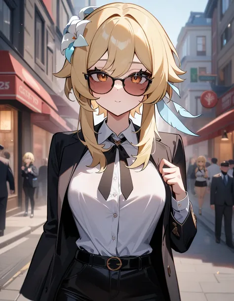 1girl, lumine (genshin impact), genshin impact,officer,perfect Sunglasses, suit,cool,city street,masterpiece,very aesthetic,newest,sensitive