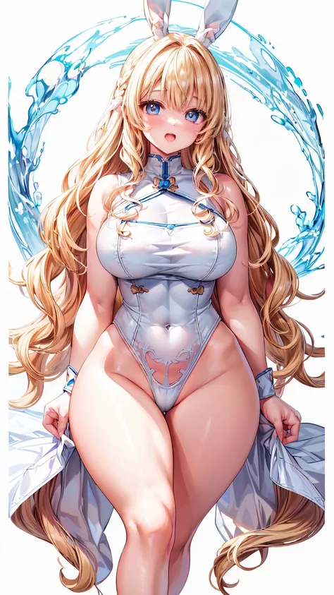 Very detailed、Highest quality、Best image quality、masterpiece、8k、Anime Face、A kind smile、(Open your mouth:1.3)、Sparkling Blue Eyes、(Blonde wavy hair:1.5)、(Soft body:1.3)、(High leg:2.0)、Thigh belt、(Cowboy Shot:1.5)、(SFW Giant)、(Thick body:1.2)、(good:1.5)、(SX...