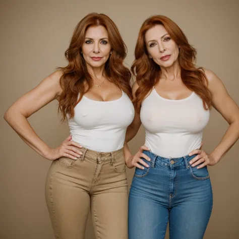 Two 40 year old women, MILF style. beautifuls, one with light brown hair wearing tight jeans and sutiã, the other with red hair, wearing sutiã e calcinha 8k.uhd.Hyper-realistic.