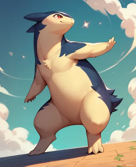 Typhlosion, Pokémon, whole body, original pokemon design, until, Alone, three toes, Rounded toes, standing , raising his leg up, showing his sole off
