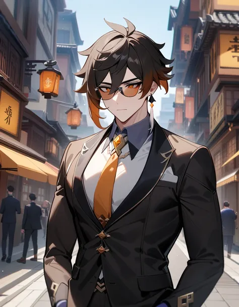 1boy, zhongli (genshin impact), genshin impact,officer,perfect Sunglasses, suit,cool,city street,masterpiece,very aesthetic,newest,sensitive