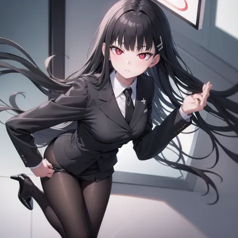 riotsukatsuki, rio, black hair, (red eyes:1.5), hair ornament, hairclip, halo, long hair,
BREAK black footwear, black jacket, black pantyhose, black skirt, buttoned cuffs, high heels, jacket, long sleeves, office lady, pantyhose, naked chest, skirt, sweate...