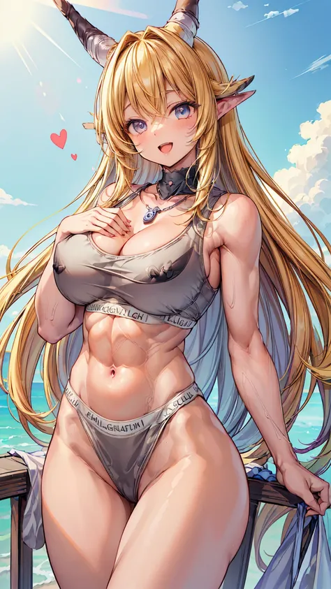 Very detailed、Highest quality、Best image quality、masterpiece、8k、 (Exposing your:1.5、Bra cups flip up:1.5、Big Breasts:1.5、only breasts are in full view :1.5、bare breasts:1.5 、bare nipples:1.5、necklace)、(shoulder-length blonde hair、Medium Long Hair)、(smile、O...