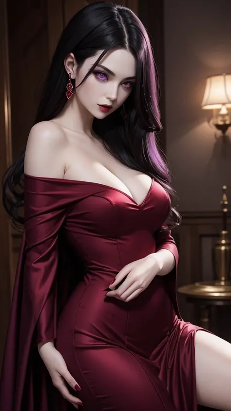 Create a beautiful vampire woman with a good curves , pale skin and purple eyes. Her hair is black and wears a red dress