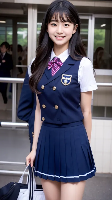 Center View、An Asian woman in a short skirt and bow tie is sitting on a train、Cute school girl、Japanese girls uniform、Wear Japan 、Japanese 、Surreal 、Dressed as a high school girl、Surreal 、Wear a uniform、Realistic school girl、Girl in uniform、Wear a uniform、...