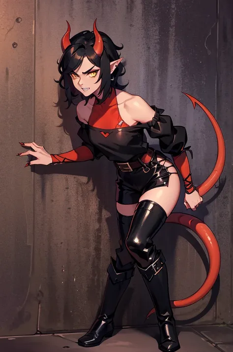 1 girl, tiflin, Redskin, yellow eyes, black sclera, pointy ears, red horns, short shoulder length wavy black hair, Sharp teeth, black sleeveless shirt, black shorts, black off shoulder sleeves, dishonest clothing, demon tail, black boots, dagger in hand, l...