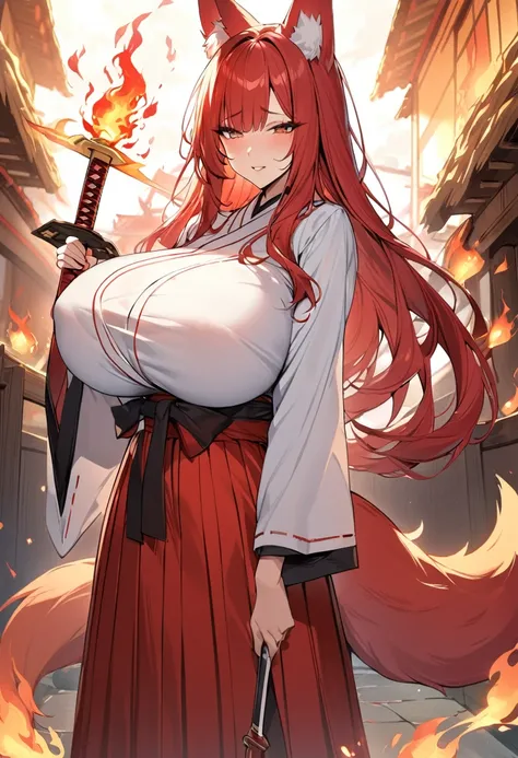 4K masterpiece High brightness crimson hair Very long ponytail Bangs down Mature woman Very large bust Huge breasts Exposed hakama Fox ears and nine fox tails of the same color as the hair Burning sword、Sword、He is wearing a five-fingered flame and is hold...