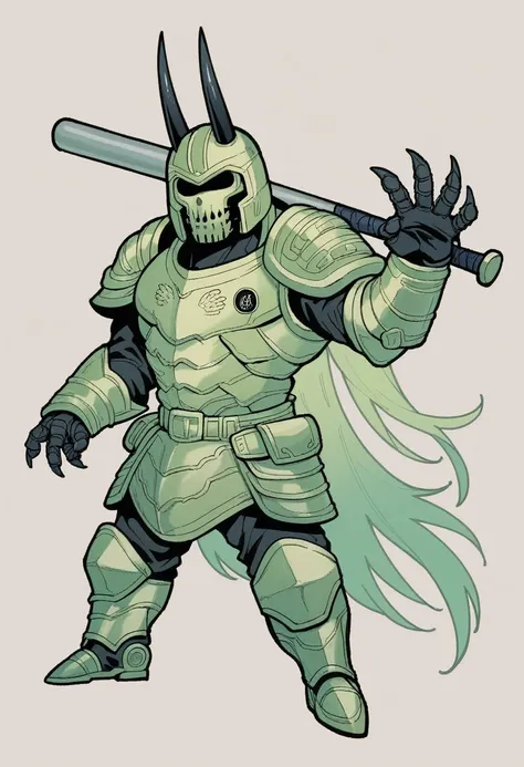 cartoon image of a man with a baseball bat and a helmet, concept art inspired by Jason Teraoka, deviantart, mingei, in the art style of quetzecoatl, newgrounds, chibi, wario as the armored titan, chainsaw man, 2 d sprite, videogame sprite, monstergirl, oni...