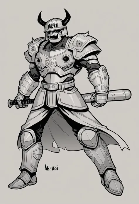 cartoon image of a man with a baseball bat and a helmet, concept art inspired by Jason Teraoka, deviantart, mingei, in the art style of quetzecoatl, newgrounds, chibi, wario as the armored titan, chainsaw man, 2 d sprite, videogame sprite, monstergirl, oni...