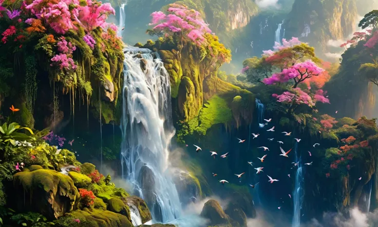  depicts a serene thác nước waterfall cascading down moss-covered rocks, surrounded by lush greenery and vibrant tropical flowers, as a flock of chim cò birds soar freely above the clouds, filling the sky with a kaleidoscope of colors, from gentle pinks an...