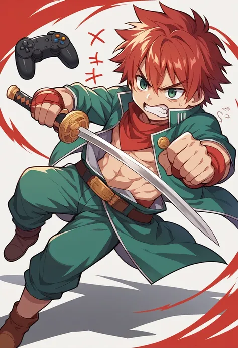 cartoon boy with red hair and a red bandanna holding a video game controller, chibi, fighting game character, inspired by Akihiko Yoshida, akihiko yoshida!, rpg character avatar, video game avatar, inspired by Takehisa Yumeji, hero 2 d fanart artsation, vi...