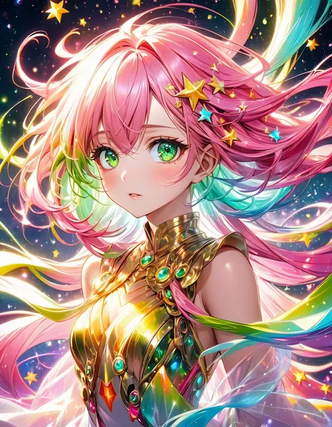 In a mesmerizing cascade of color and light, an enchanting anime girl sexy hot all golden stars candroites viewers with her ethereal beauty. Her delicate features are framed by cascading locks of shimmering long  pink neon hair, her wide, expressive eyes b...