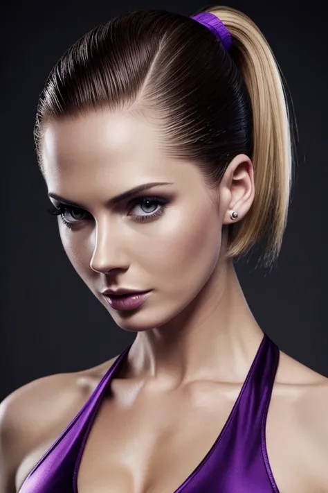 Gorgeous european woman with short hair, short ponytail, wet hair, hair slicked back, combed straight back, slick hair, streaked blonde hair, seductive pose, karen gillan, dressed in a purple nina williams costume, cleavage, solid dark grey background