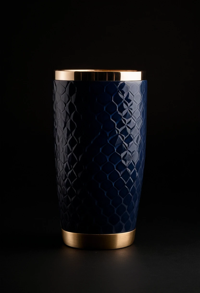 Create a photorealistic image of a luxury insulated tumbler. Cylindrical shape with slight taper. Main body in deep Midnight Blue (HEX: #191970) with an intricate, embossed geometric pattern covering most of the surface. Pattern should be slightly lighter,...