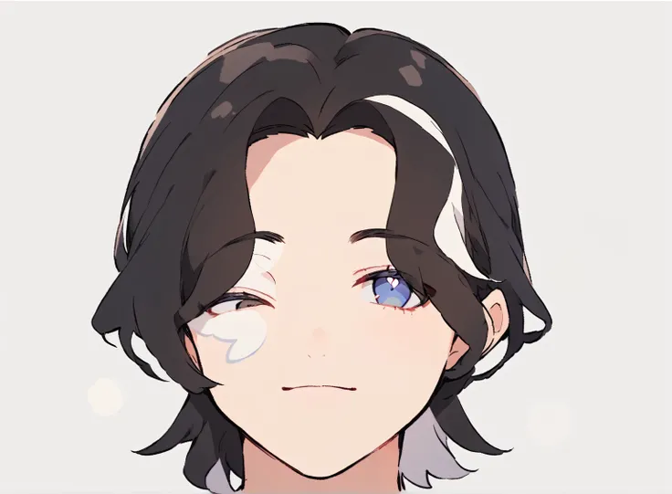 Chibi anime style illustration of a 25-year-old male character, front-facing portrait, inspired by Demon Slayer. He has black hair with a few white streaks, white spots on his skin, and heterochromatic eyes: the right eye is white and the left eye is black...