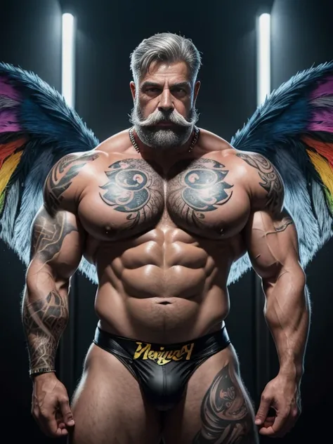 Hyperrealistic image of a burlesque dancer superhero with two huge symmetrical rainbow wings very old and very sweaty gray-haired bodybuilder over 80 years old very muscular and fat, over 200 kilos with a bare torso, large and flaccid pectorals. brown nipp...