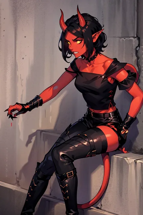 1 girl, tiflin, Redskin, yellow eyes, black sclera, pointy ears, red horns, short shoulder length wavy black hair, Sharp teeth, black sleeveless shirt, black shorts, black off shoulder sleeves, dishonest clothing, demon tail, black boots, dagger in hand, l...