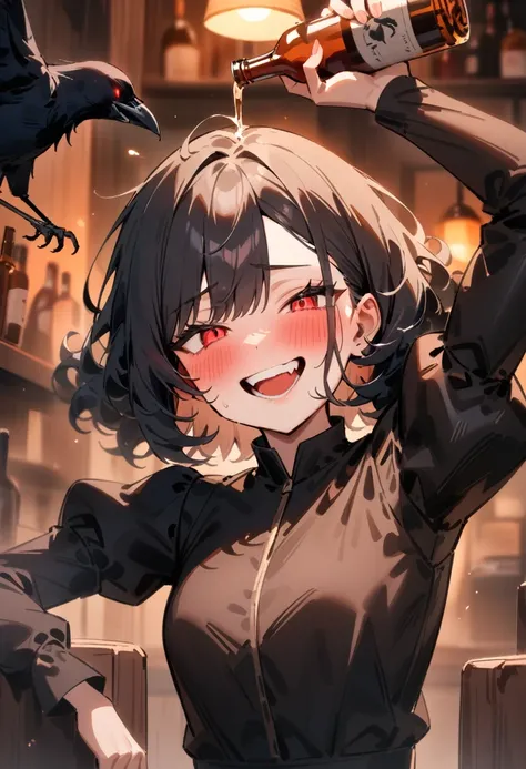 masterpiece, best quality, very aesthetic, absurdres, newest, asymmetrical bangs, 1girl, solo, blush, drunk, looking at viewer, evil smile, short hair, open mouth, black hair, red eyes, long sleeves, holding, jacket, upper body, teeth, puffy sleeves,  arm ...