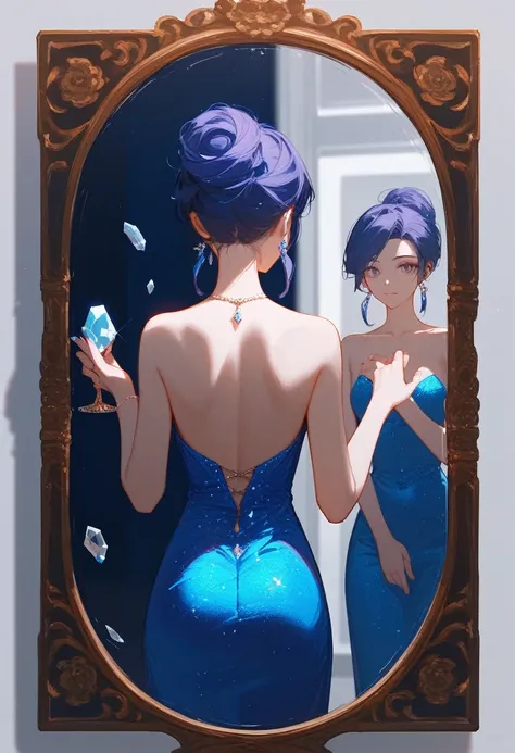 (Fraction_9,Fraction_8_Direction_7_up),1 a woman,（（（bust）））,A woman in an evening gown、Woman holding a mirror， Inspired by Huang Ji,Inspired by Zhou Wenjing, Render character art 8 K，Colorful clothes，Broken glass，