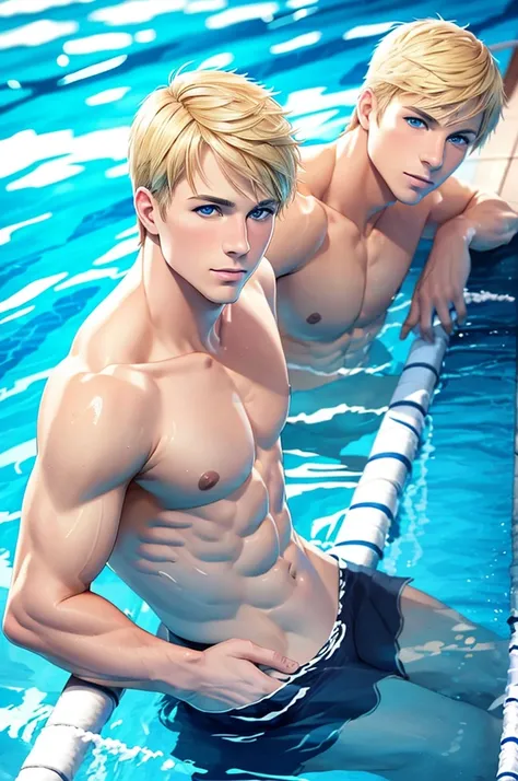 Create photos of a blonde, blue-eyed man with an athletic body in the pool