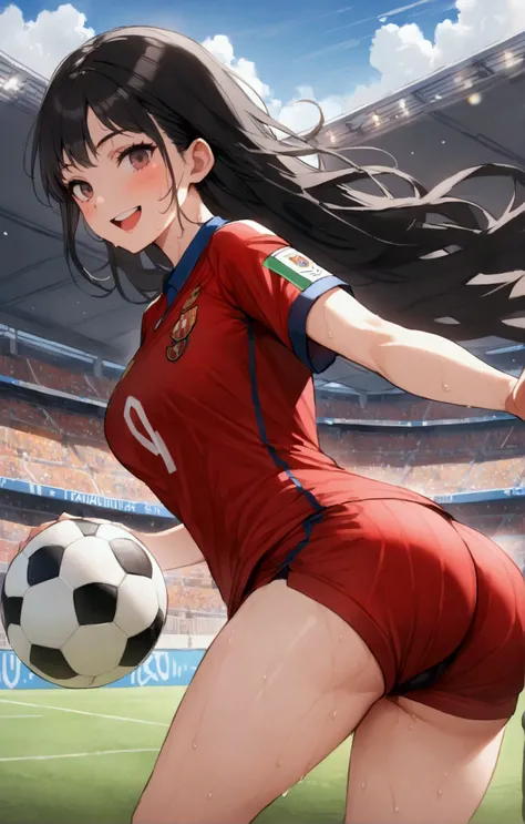 One woman、beautiful girl、high school girl、Soccer uniforms、Barcelona uniforms、Long Hair、smile、Black sports panties、Shoot like Ronaldo、Shorts、Shortsからパンチラ、Football Stadium、soccer ball、The stands are packed、Kicking the ball、Highest quality,  Thick thighs、Big ...