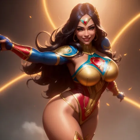 A beautiful smiling superheroine in Brazil, with a large butt, a well-toned body, and breasts almost visible, detailed face, intricate costume, complex background, dynamic pose, colorful vibrant atmosphere, cinematic lighting, highly detailed, 4k, hyper re...