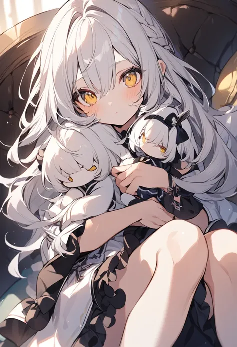 girl　cute　Holding a doll　White Hair　Yellow Eyes　