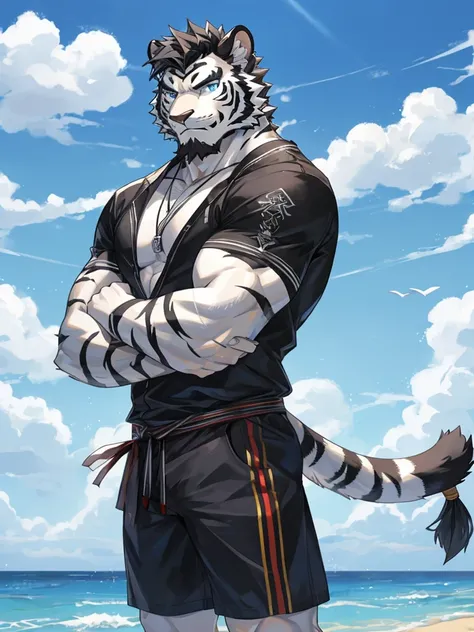 Masterpiece, Solo, Furry Black White Tiger, Blue Eyes, Medium Black Hair, Medium Black Facial Hair, Muscular Body, Cool Pose, Handsome, Good Looking, Adult, Fierce, Smirking, Summer outfit, summer background.