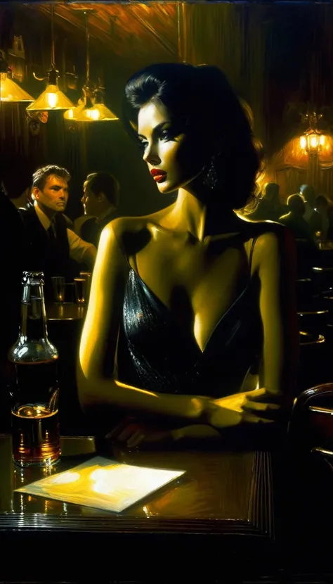 elegant and sexy girl in a pub between shadows, oil painting, chiaroscuro, sensual, dramatic lighting, moody atmosphere, photorealistic, intricate details, masterpiece, ultra-detailed, high quality, 8k, best quality, realistic, cinematic, dark and brooding...