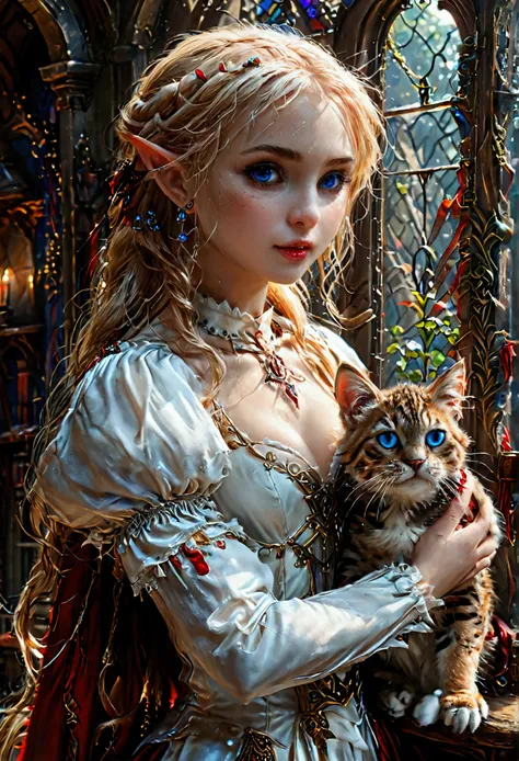 arafed a picture of elf vampire in her castle and her pet epic cat an exquisite beautiful female elf vampire (ultra details, Masterpiece, best quality), bloody mouth blond hair, pale skin, hair in a ponytail, long hair, blue eyes, small pointed ears, cold ...