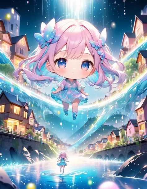 giant cute chibi girl hybrid, girl taller than background, scenery of rural town with miniature river running through it, glitter effect, pastel color effect, fantasy art, conceptual installation art, 2.5D, delicate and dynamic