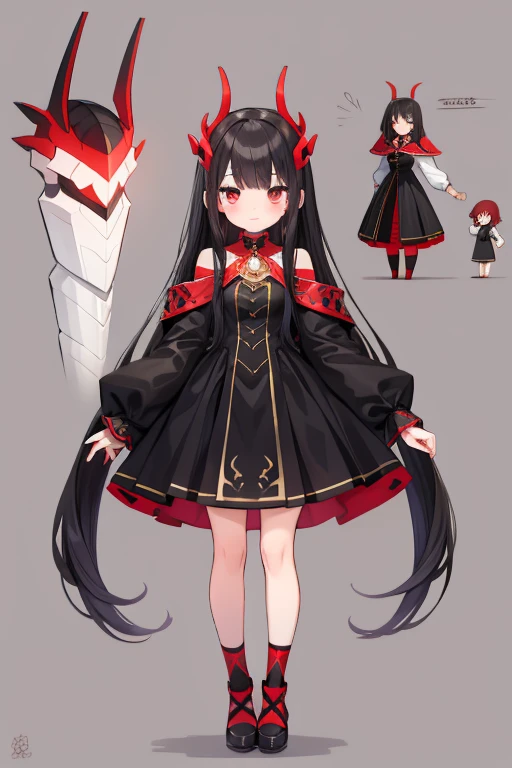 girl　Primary school students　Young Girl　小さいgirl　Height: 130cm　Standing picture Simple design　The dress is a one-piece　Long hair　Long Black Hair　Hair is black　Red eyes　Shoulder Bare