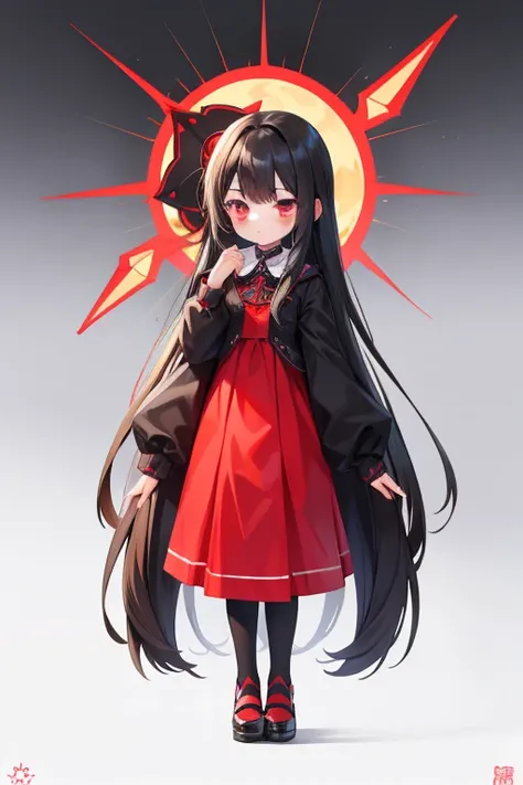 girl　Primary school students　Young Girl　小さいgirl　Height: 130cm　Standing picture Simple design　The dress is a one-piece　Long hair　Long Black Hair　Hair is black　Red eyes　Shoulder Bare