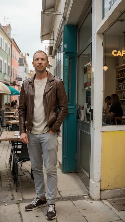 Lisbon, A young ((((39-year-old)) Marcus Logan)), pale englishman, tall, standing in front of a cafe, ((colorful))