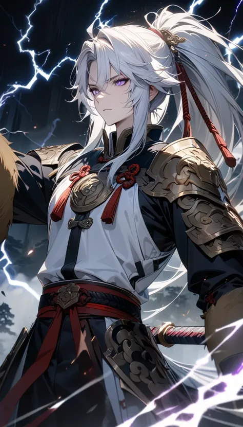 Adult man, long white hair, high ponytail, purple eyes, white Chinese armor, general form, lightning, lion skin, guan dao, Masterpiece, best quality, Full HD, 8k, ultra details, great graphic