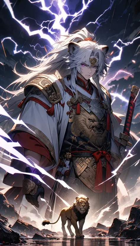 Adult man, long white hair, high ponytail, purple eyes, white Chinese armor, general form, lightning, lion skin, guan dao, Masterpiece, best quality, Full HD, 8k, ultra details, great graphic