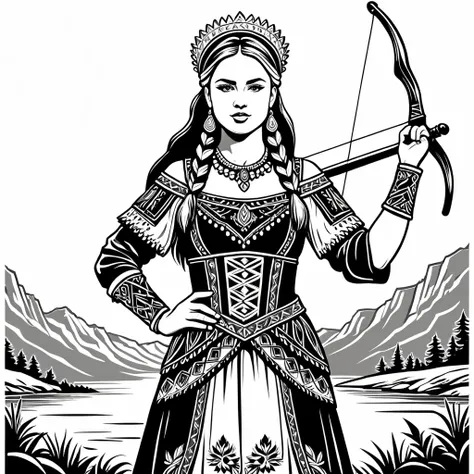 viking amazon in hungarian folk outfit, vector graphics, strong contours
