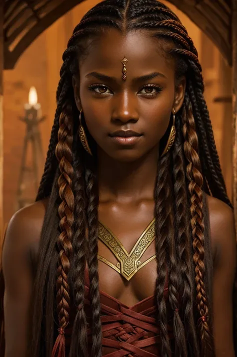 long red braided hair, dark skin, honey colored eyes, warrior girl, fantasy book