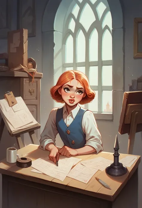 White long copper hair girl, thick lips. Sitting at a white desk, signing a contract. And in the background on the wall a drawing of the Disney castle 