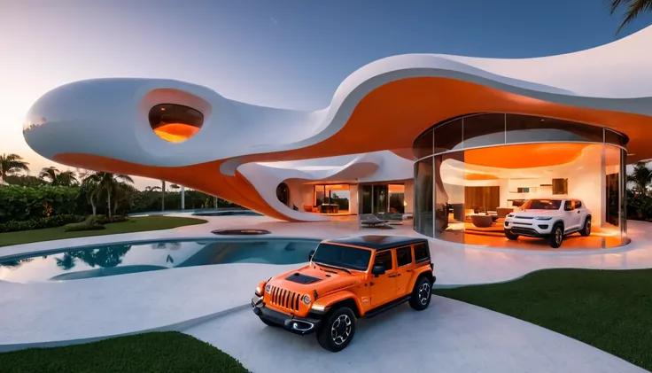 a futuristic house with an orange jeep wrangler parked in front of it, cgsocietywlop, beautiful curves, intricate devilish designs, qualia, interesting shapes & form, wow factor, elaborate polished, architectural rendering, miami, orange soft lighting in i...